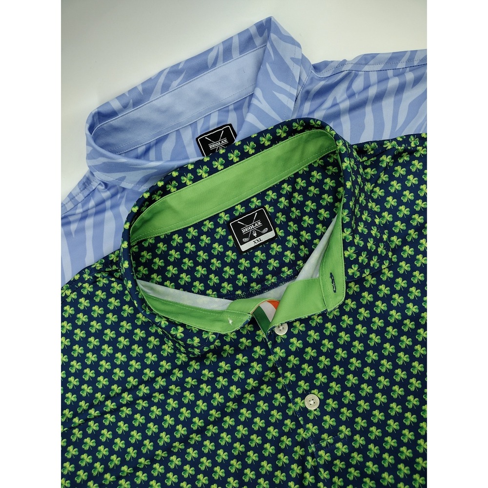 Lot of 2 Deolax Mens Golf Polos XXL Shamrock Clover Zebra AOP Performance Shirts